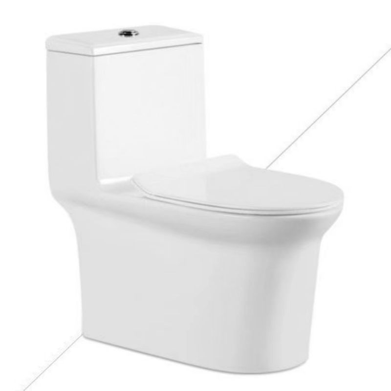 Round close-coupled flush toilet with standard seat.